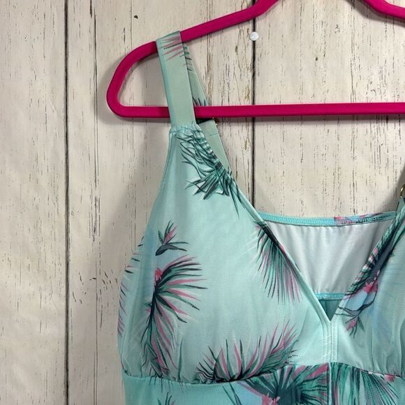 Fit 4 U Womens Plus Floral Print Mesh Splicing Blue Green One Piece Swimsuit - Picture 3 of 15